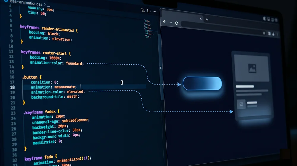 CSS micro-animation code alongside live UI preview showing hover lift and scroll reveal effects