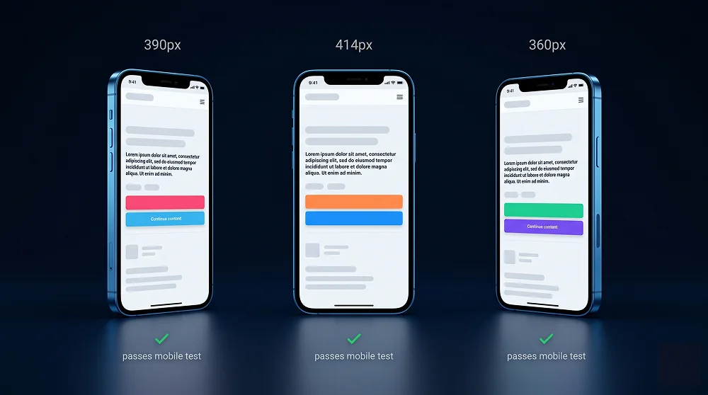 Mobile-first website tested across three smartphone screen sizes showing consistent responsive design