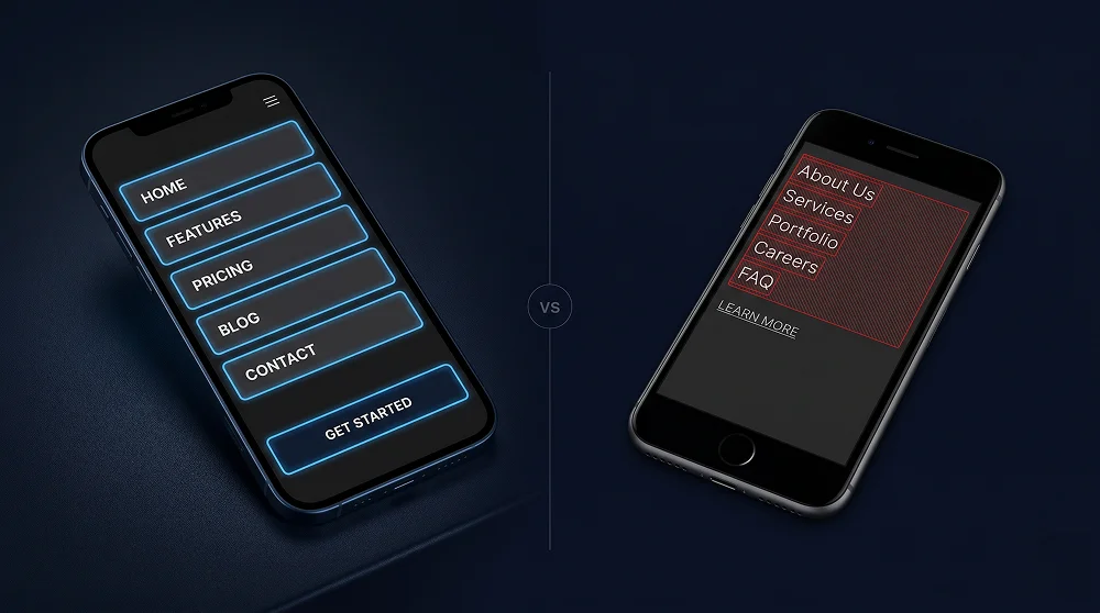Mobile navigation showing correct 44px touch targets versus too-small tap areas