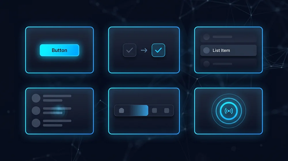 Six types of UI micro-animations shown as floating design cards for high-converting websites