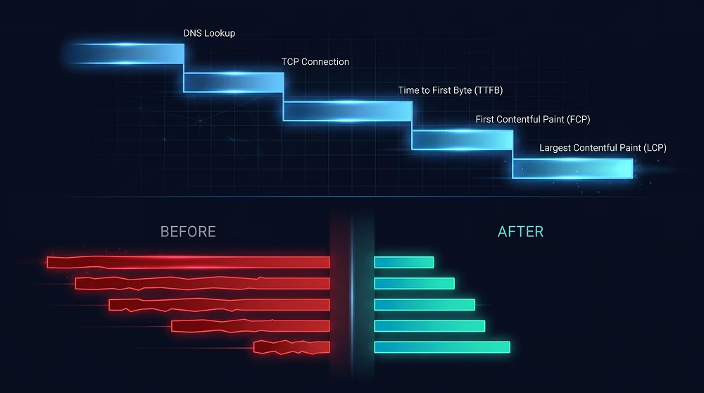 WordPress page load waterfall before and after performance optimisation