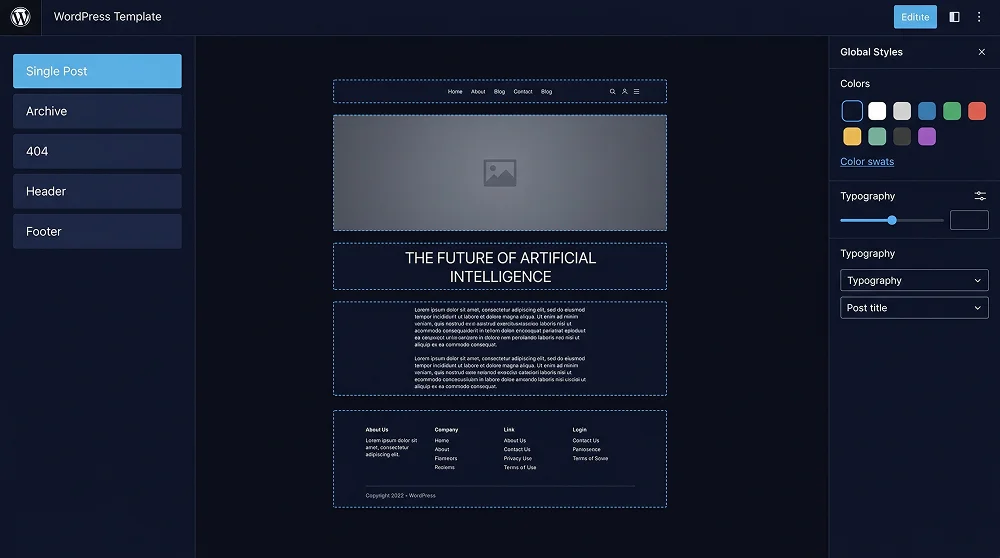 WordPress Site Editor showing full-page template editing with Global Styles panel open