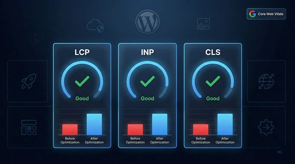 WordPress Core Web Vitals LCP INP CLS speed optimization guide 2026